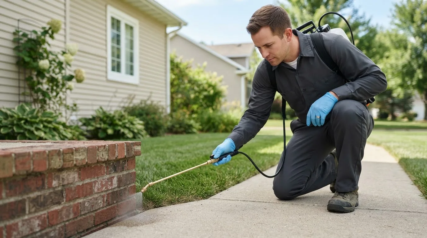 Pest control technician treating a home near King, WI