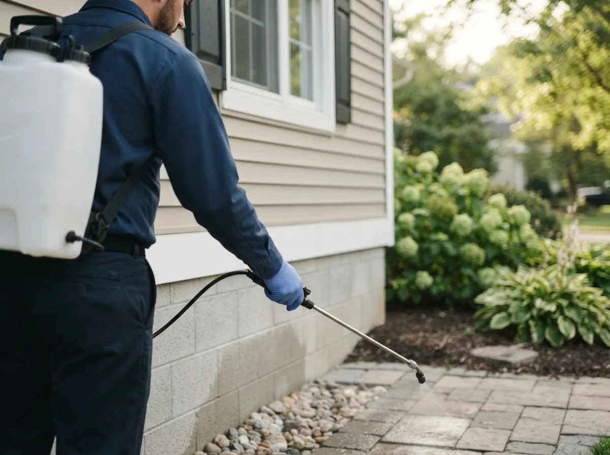Pest control technician inspecting a home in King, WI